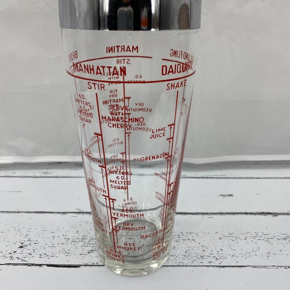 Mid Century Modern Vintage Glass & Chrome Mixed Drink Recipe Mixer/Shaker 5